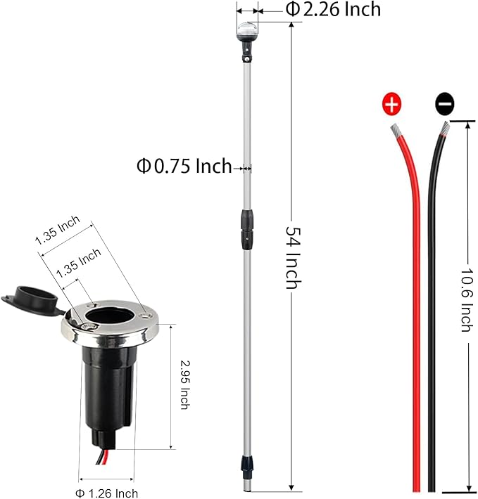 Folding Stern Light Boat Anchor Light LED Marine Navigation Lights Pole USCG 2 NM All Round White with Base 12 Volts 54 Inches