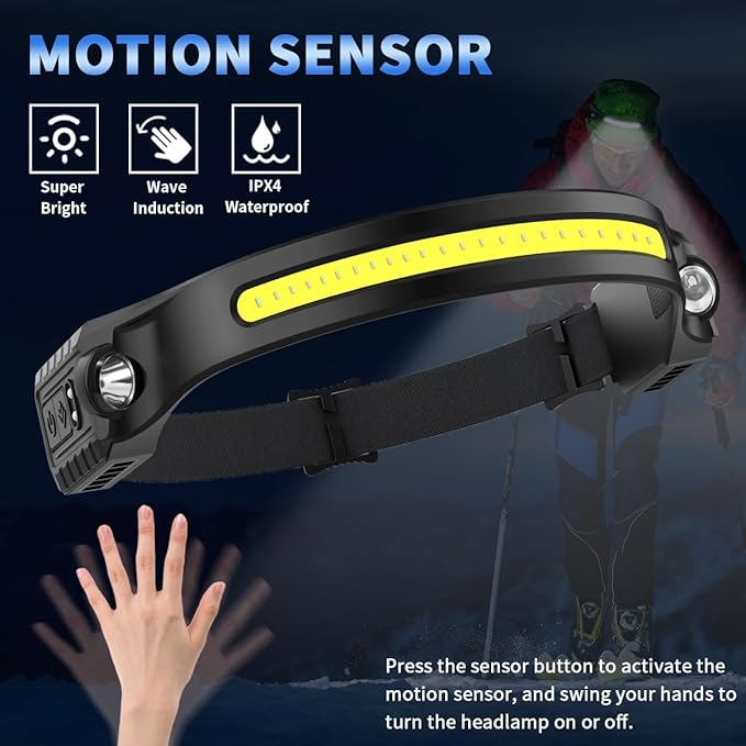 Headlamp Rechargeable 10Pack, 230° Wide Beam Head Lamp with 2 Spotlights, LED Headlamp with Motion Sensor, 5Mode Rechargeable Headlamp, Head Lights for Forehead, Headlamps for Adults Running Hard Hat