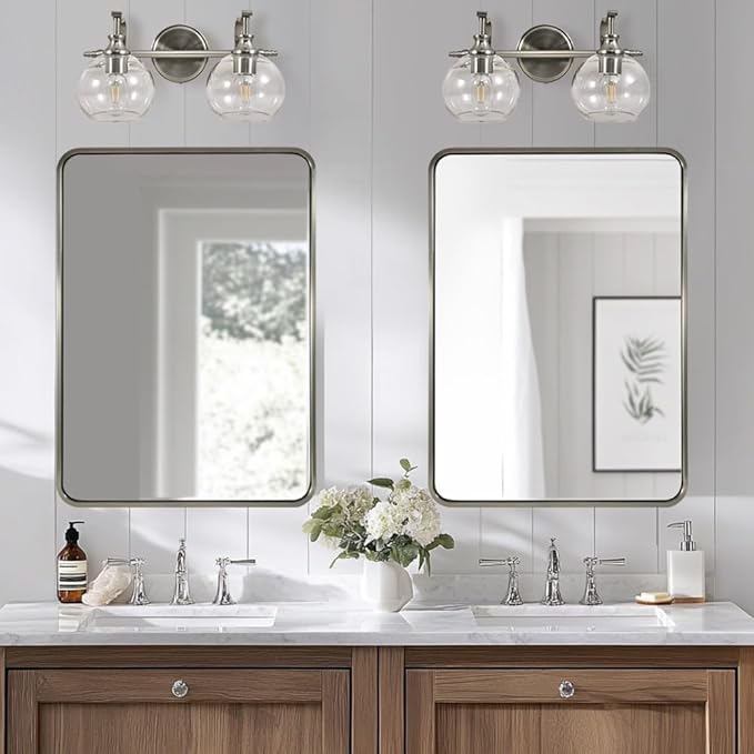 ANDY STAR Brushed Nickel Bathroom Light Fixture, 2 Light Bathroom Vanity Light, Farmhouse Silver Wall Sconce, Anti-Rust Wall Lamp with Sturdy Metal Lamp Body for Bedroom, Living Room, Restroom