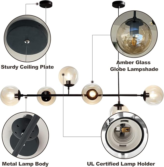KCO Lighting 6-Light Modern Globe Sputnik Chandelier Mid Century Black Pendant Light Chandelier Dining Room Linear Pendant Lighting Kitchen Island Adjustable Pendant Light Fixtures (Black+Amber)