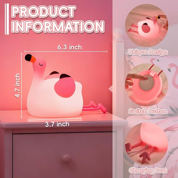Flamingo Silicone Night Light for Kids, Soft Flamingo Lamp with Timer, 3 Level Dimmable Rechargeable Nursery Bedside Night Light, Creative Room Decor Cute Toys and Gifts for Boys and Girls