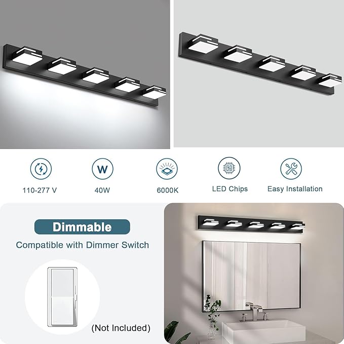 LED Modern Bathroom Vanity Light Fixtures, 5-Light 34-inch Dimmable Matte Black Vanity Lights for Bathroom Lighting Fixtures Over Mirror, with 350° Rotatable Acrylic Heads (Cool White 6000K)