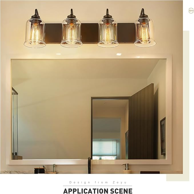 zeyu 28.5" Oil Rubbed Bronze Bathroom Light Fixtures, 4-Light Farmhouse Vanity Wall Lights with Clear Glass Shade, ZSL72B-4W ORB
