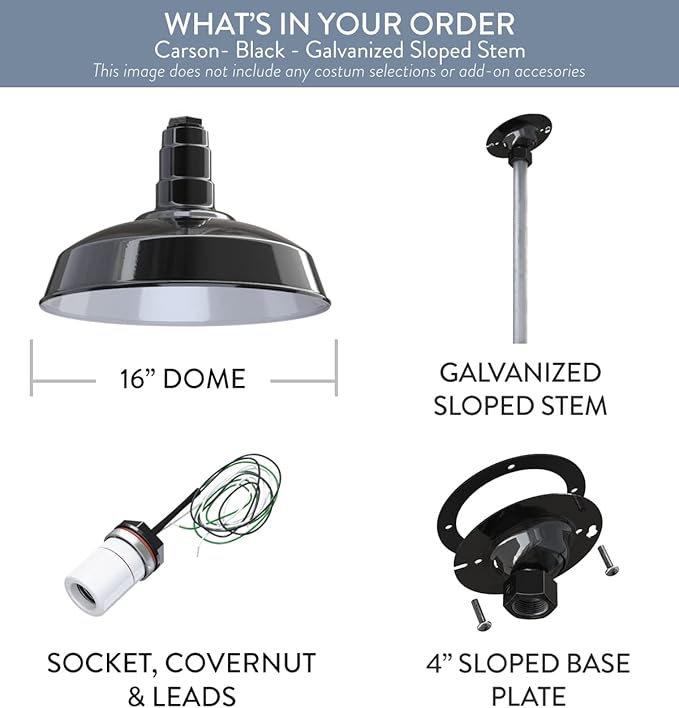 Steel Lighting Co. Carson Barn Light | Ceiling Mounted Pendant | 16 inch Dome | 12 inch Sloped Stem | Industrial Style Steel Light Made in America | Black Exterior/White Interior