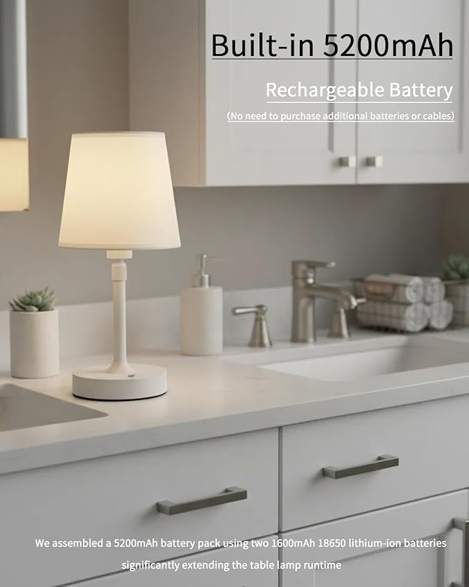 Cordless Table Lamp Rechargeable Touch White Mini Small Lamp Adjustable Height 5200mAh Battery Operated with Stepless Dimming Function for Bedroom Nightstand Bathroom Kitchen Counter Home Decoration