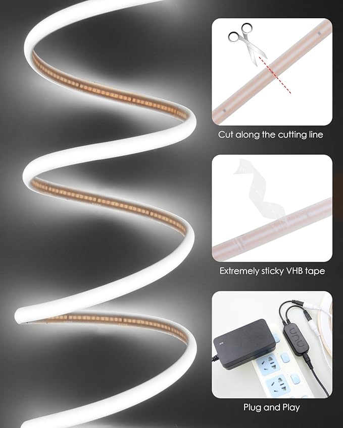 Aclorol 65.6FT COB LED Strip Lights 24V Dimmable Cold White LED Light Strips with APP & Remote Control IP68 Waterproof for Under Cabinet Bathroom Courtyard Balcony Lighting (2 Rolls of 32.8FT)