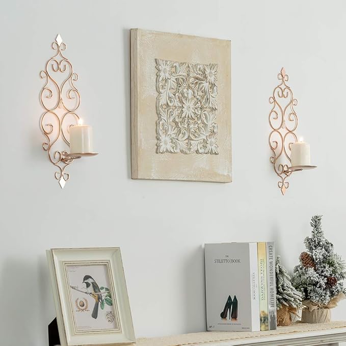 Sziqiqi Iron Wall Candle Sconce Candle Holder Set of 2 Wall Mounted Candle Sconces Holder, for Bedroom Dining Room Decor, Rose Gold