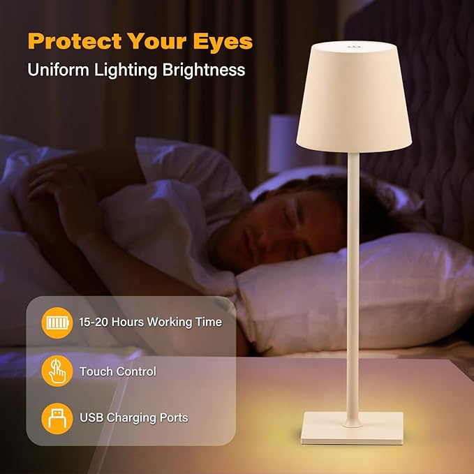 2 Pack Cordless Table Lamps, 3 Colors Stepless Dimming, 5000mAh Rechargeable Battery LED Desk Lamp for Bedroom/Couple Dinner/Desk/Cafe/Dining Room/Terrace