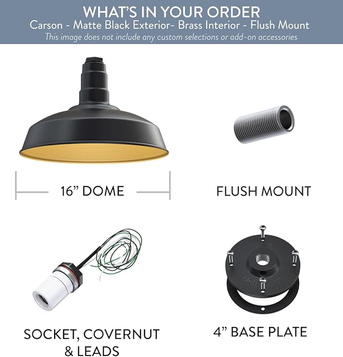 Steel Lighting Co. Carson Barn Light | Ceiling Mounted Pendant | 16 inch Dome | Flush Mount | Industrial Style Steel Light Made in America | Matte Black Exterior/Brass Interior