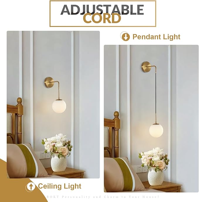BOKT Frosted White Glass Wall Sconce Mid Century Modern Globe Ball Wall Light Brushed Brass Gold Adjustable Wall Sconce Lighting Industrial Vanity Bathroom Wall Lamp (Gold+White)