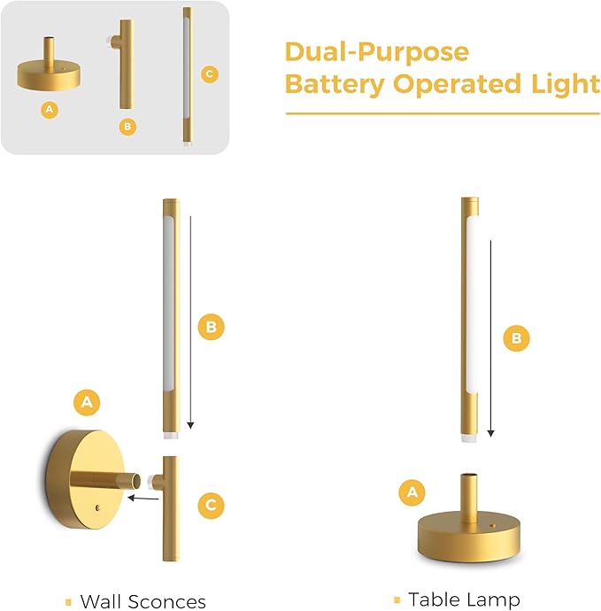 L LOHAS LED Battery Operated Wall Sconces & Table Lamp Set of 2, 10000mAh Rechargeable Battery Wall Light with App Control, 3CCT Dimmable & DIY RGB, No Wiring Modern Sconce Wall Decor, Gold