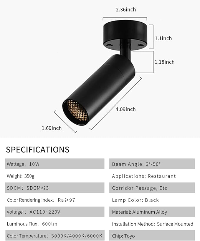 Light Fixtures, Modern LED Ceiling Spotlight, 10W Zoom Track Spotlight, Adjustable Angle for Versatile Indoor Accent Lighting in Restaurant, Cafeterias, Corridors...