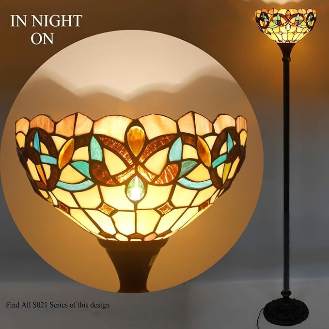 WERFACTORY Tiffany Floor Lamp Serenity Victorian Stained Glass Light 12X12X71 Inches Pole Torchiere Standing Corner Torch Uplight Decor Bedroom Living Room Home Office S021 Series