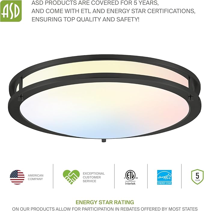 ASD LED 12" Round Flush Mount Lighting, Close to Ceiling Light Fixture | 3CCT, Dimmable, Energy Star, ETL Listed | 20W 1550LM 3000-5000K 120V | Low Profile Double Ring Lamp | Black