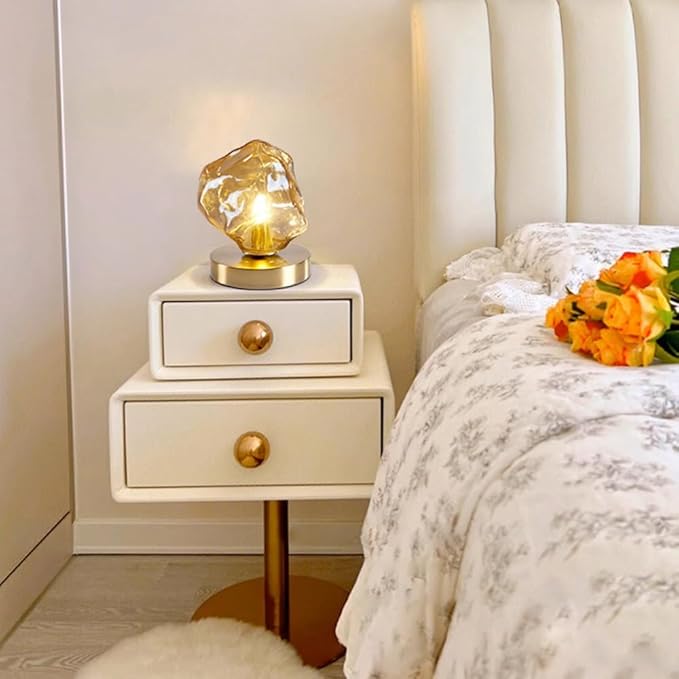 Meefad Modern Glass Table Lamp Ice Cubes Shaped Bedside Nightstand Lamp Small Decorative Night Light for Bedroom Living Room Amber Finish