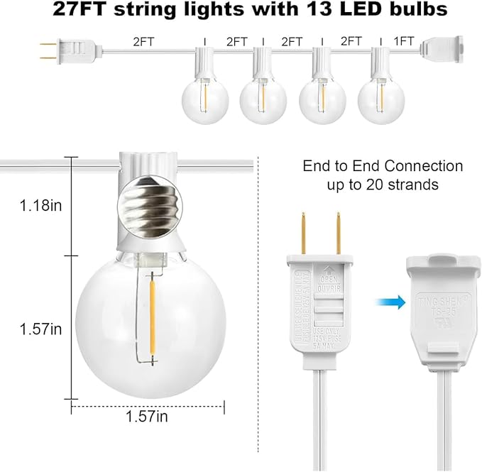 SUNTHIN Outdoor White String Lights, 27FT White Patio Lights with 14 G40 Shatterproof LED Bulbs(1 Spare), Waterproof Hanging Outside Lights for Yard, Porch, Deck, Garden, Pergola