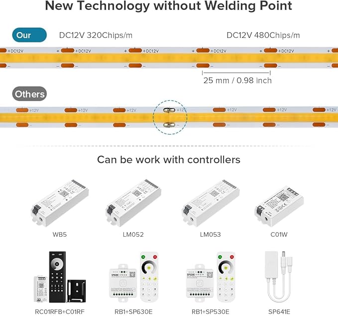16.4FT COB LED Strip Lights Dimmable DC 12V 2700K Warm White 480LEDs COB Strip, Adhesive Flexible Cuttable Strip Lights for DIY Home Decor Shelf Cabinet (No Adapter or Controller)