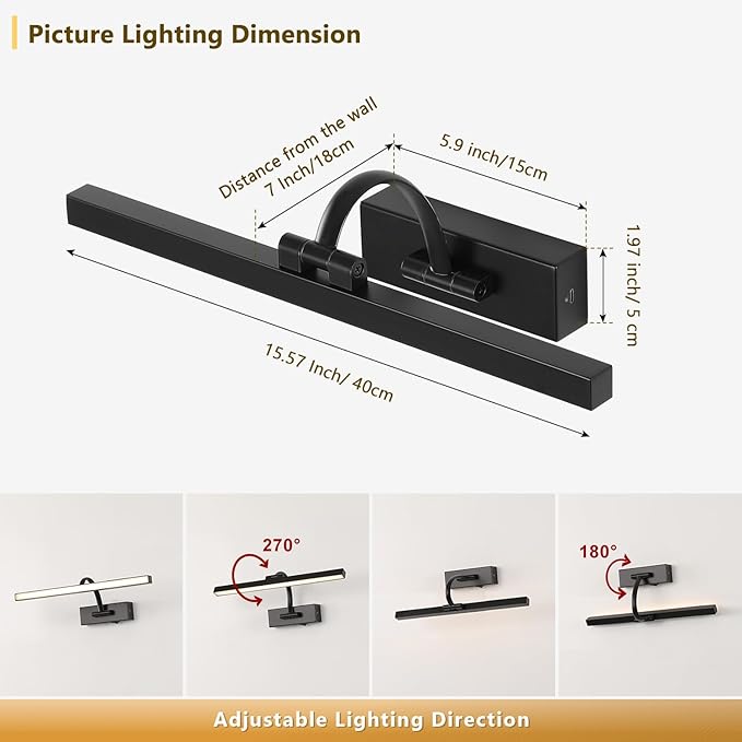 Wireless Picture Lights for Wall Battery Operated Art Lighting for Paintings Rechargeable Gallery Lights with Remote and Timer Cordless Painting Lights for Artwork, 16'' Inch 3CCT Dimmable, Black