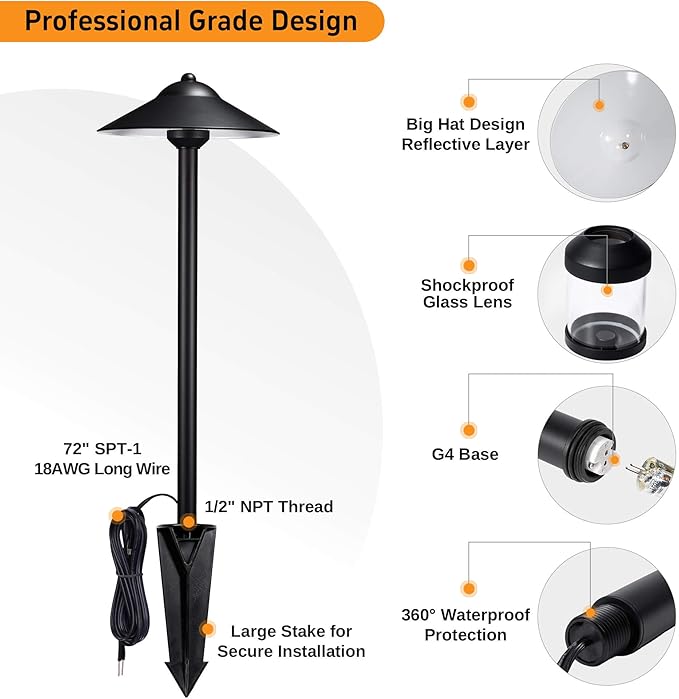 Gardenreet Brass Low Voltage Pathway Lights (9" Shade, 23.5" Tall) - Black 12V Path Light Waterproof, Wired Outdoor LED Landscape Area Lighting for Garden Walkway with 3W 270LM 5000K G4 Bulb (6 Pack)