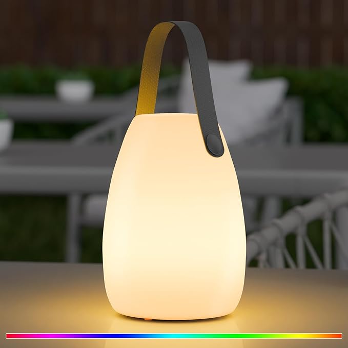 uuffoo Portable Outdoor Table Lamp - Dimmable Rechargeable Night Lights w/Remote and 7 RGB Colors, IP44 Water-Resistant Hanging Lantern for Patio, Tent, Bedroom, Garden, Emergency