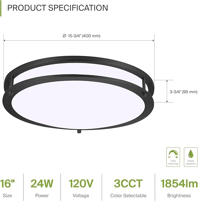 ASD LED 16" Round Flush Mount Lighting, Close to Ceiling Light Fixture | 3CCT, Dimmable, Energy Star, ETL Listed | 24W 1900LM 3000-5000K 120V | Low Profile Double Ring Lamp | Dark Bronze