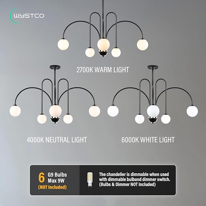 Modern Sputnik Globe Chandelier, 6-Light Black Linear Chandeliers for Dining Room and Kitchen Island, Mid Century Light Fixture Over Table, (Milk White Glass Bubble Shades, 40 Inch)