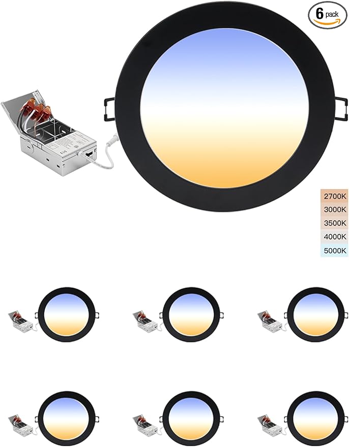 8-Inch LED Recessed Lights Fixture Recessed Lighting 8 Inch LED Ceiling Light, 18W 1800lm dimmable, 5 CCT 2700K|3000K|3500K|4000K|5000K, Suitable for Llivinng Rooms, Kitchens, 6 Pack Black