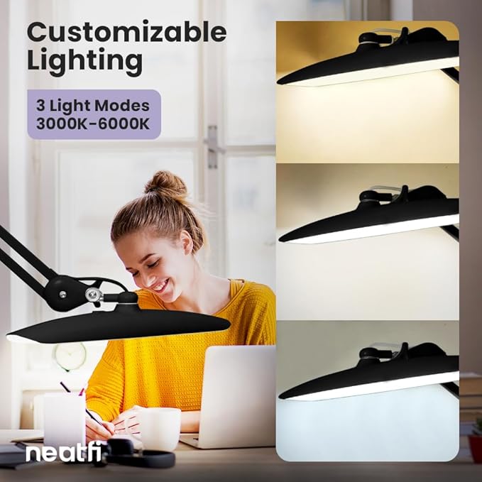 Neatfi XL 2,200 Lumens LED Task Lamp, 20W, 182 Pcs SMD LED, Dimmable, 4 Level Brightness, 3 Light Modes, Desk Light for Home, Office, Workbench (CCT, Black)