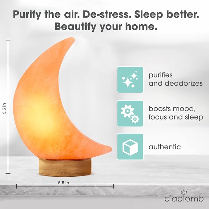 d'aplomb 100% Authentic Natural Himalayan Salt Lamp;Hand Carved Moon Pink Crystal Rock Salt from Himalayan Mountains; Dimmer Cord; 5 lbs