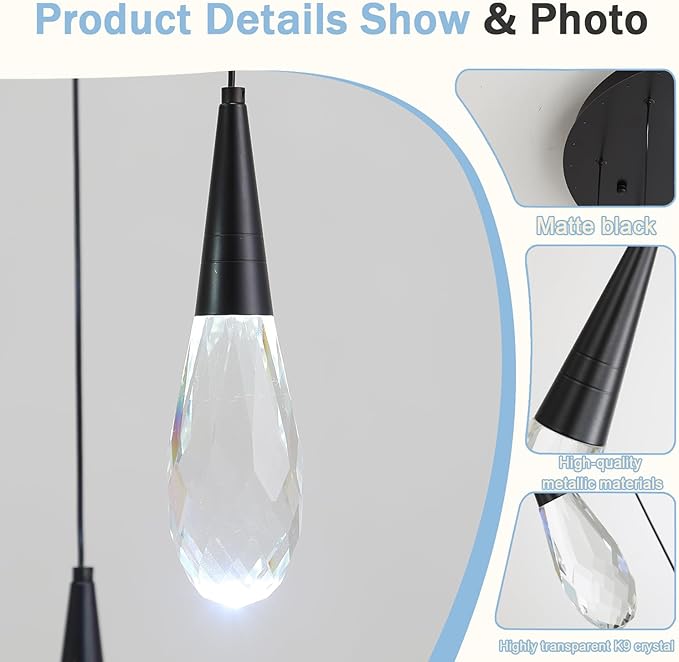 Pendant Light Kitchen Islan Black Mini Crystal Chandelier Modern Hanging Light Fixture for Dining Room, Living Room,Bedroom, Foyer（3-Pack）