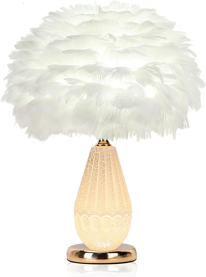 Feather Table Lamp with Cracked Ice Glass Bottle & Gold Base, 2 Separate Lights with Independent On/Off Control, 3-Color Mode Bedside Office Lamp (White)