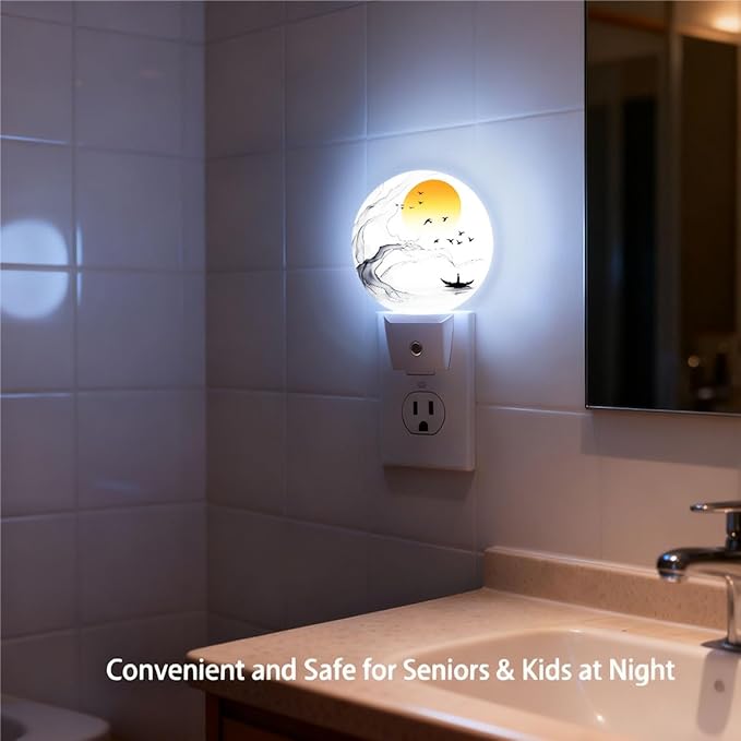 Plug-in Zen Ink Art Night Light Boat Birds and Sunset Nightlight with Dusk to Dawn Sensor, Auto On/Off 0.5W Energy-Saving LED Lighting for Men Women Boys Girls Gift