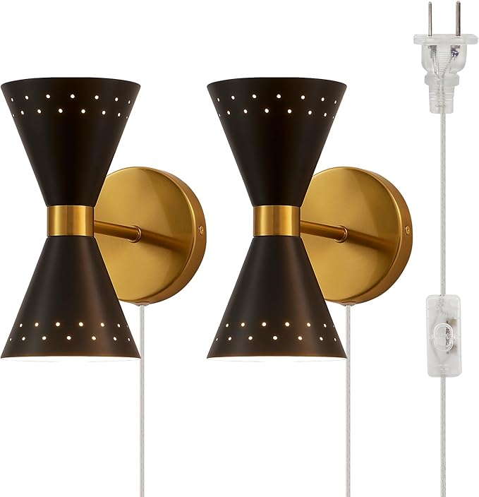 Plug in Modern Wall Scones Set of Two Contemporary Wall Lamp Matte Black and Brass Wall Lights for Bedside Hallway Vanity Stairway Fireplace Kitchen Living Room