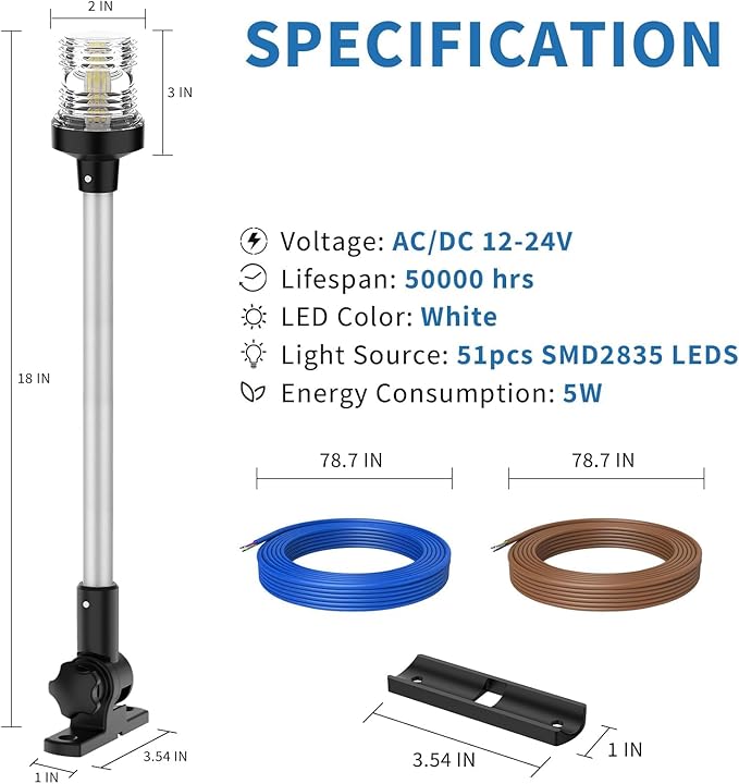 Obcursco Boat Stern Lights, 2NM 360° LED Anchor Light, IP67 Waterproof Bimini Top Lighting, Fold-Down White Navigation Lighting for Pontoon, Marine, Yacht, and Fishing Boats(18'' Vertical Swing)