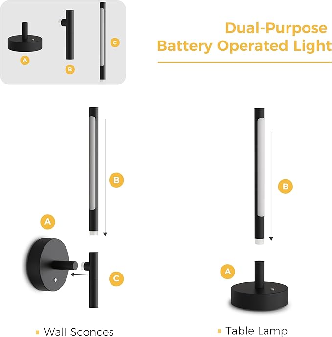 L LOHAS LED Battery Operated Wall Sconces & Table Lamp Set of 2, 10000mAh Rechargeable Battery Wall Light with App Control, 3CCT Dimmable & DIY RGB, No Wiring Modern Sconce Wall Decor, Black