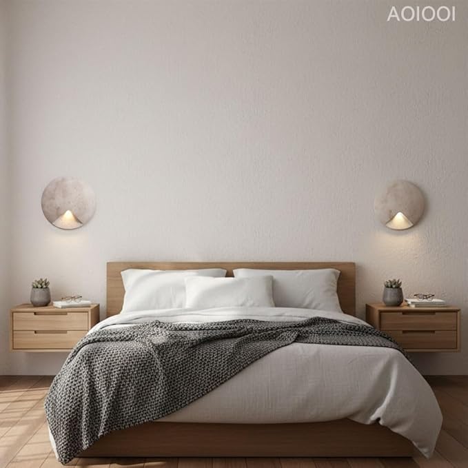 Modern Minimalist Round Natural Yellow Travertine Wall Sconce,Round Flush Mount LED Light,Thin Flat Decorative Wall Lamp,Indirect Ambient Fixture for Bedroom,Living Room,Hallway,Bedside,Entryway
