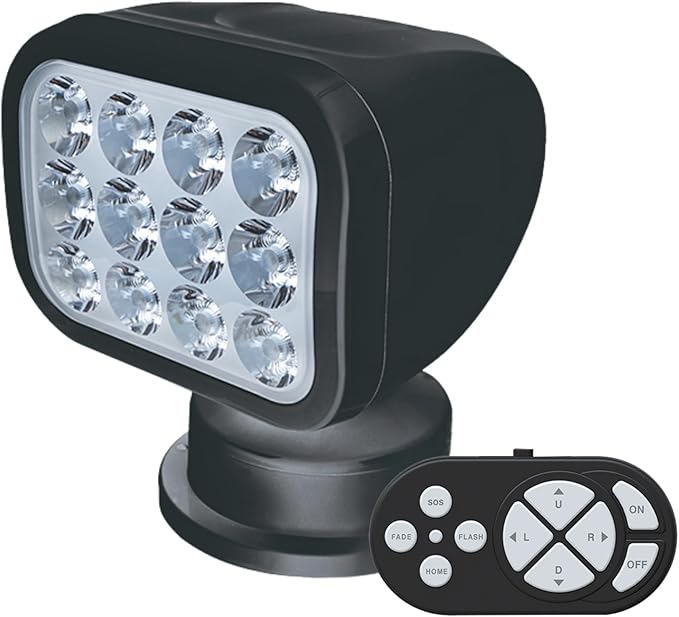 SEAFLO 360° Rotating Remote Control LED Searchlight, 10-30V, Auto-Reset, IP66 Waterproof, Marine Spotlight for Boats, Truck, Vehicles, CE & Rohs Certified (Wireless Remote/Black//Warm Light 2700K)