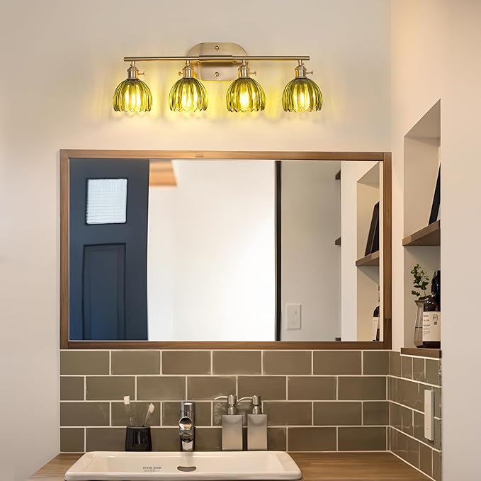 Bathroom Light Fixtures, 4-Light Brass Vanity Wall Light Over Mirror with Green Tulip Glass Shade for Bedroom Living Room (Bulb Not Included)