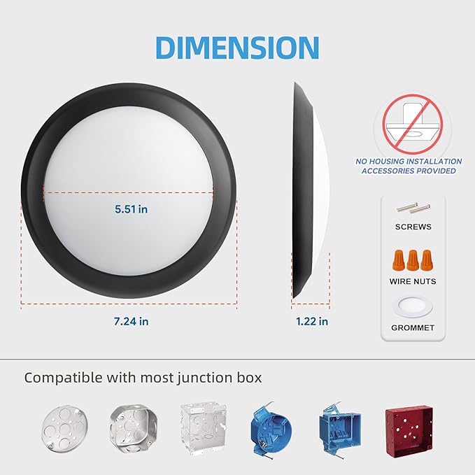 ECOELER 6 Inch Black LED Disk Lights, Dimmable Surface Mount/Recessed Ceiling Downlight, 16.5W 1100Lm 5000K Daylight, Low Profile Ceiling Can Light for Hallway, Bathment, Kitchens, ETL Listed