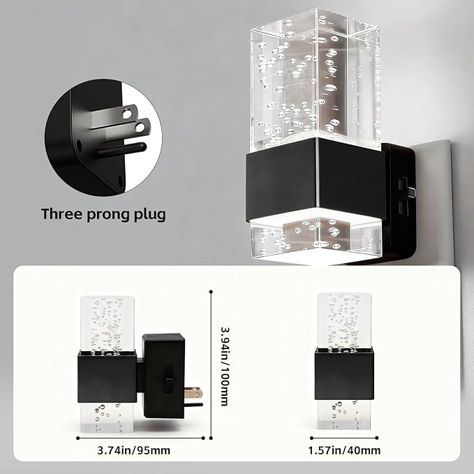 LED Night Light with Bubble Acrylic Design, Gold and Clear, Metal, Dimmable, Dusk to Dawn Sensor, 3 Color Temperatures, Modern Style, Plug-in for Bathroom, Bedroom, Hallway, 2-Pack (Black)