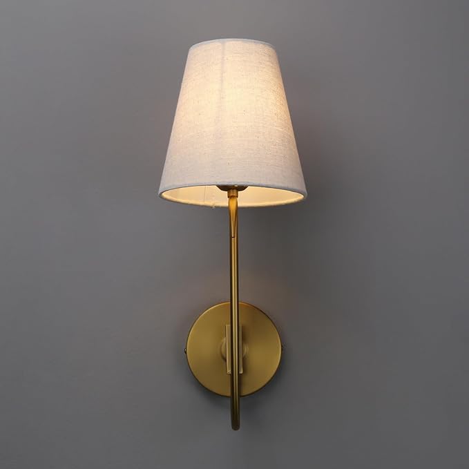 PERMO Antique Gold Wall Sconce with Linen Fabric Shade E26 Hardwired Vintage Rustic Wall Light, Goose-neck Design for Bedroom, Living Room