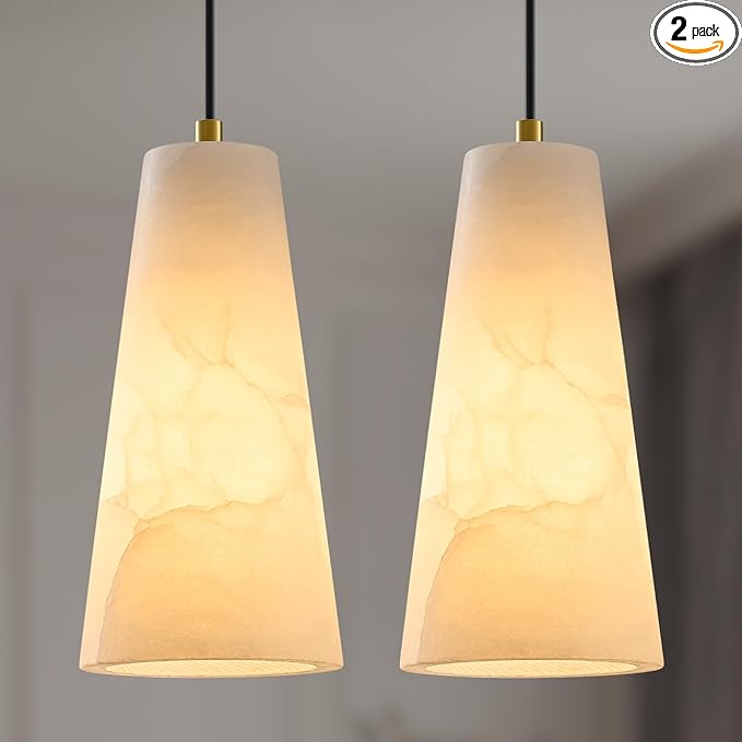 Alabaster Kitchen Island Pendant Light: White Marble Hanging Lights Set of 2 over Dining Table - Natural Stone Textured Pendants Lighting - Vintage Brass Cylinder Chandelier above Sink Bulb included