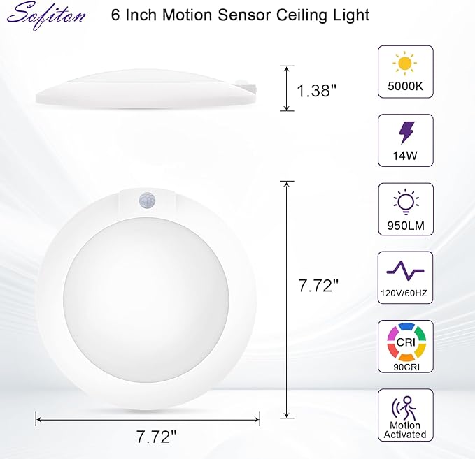 6 Inch Motion Sensor Ceiling Light Indoor, 180s Time Delay, 5000K, 14W 950LM, 120V LED Flush Mount Ceiling Light, ETL Certified, Wet Location - Closets, Hallway, Entryway, Pantry, 4Pack