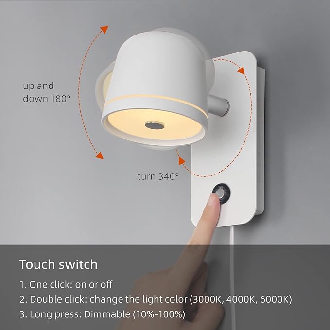 Aisilan LED Plug in Wall Sconce with Touch Dimmable Control Adjustable Wall Mounted Lamp Angle Anti-Glare Matte White Aluminum Bedside Reading Wall Lights for Bedroom Living Room