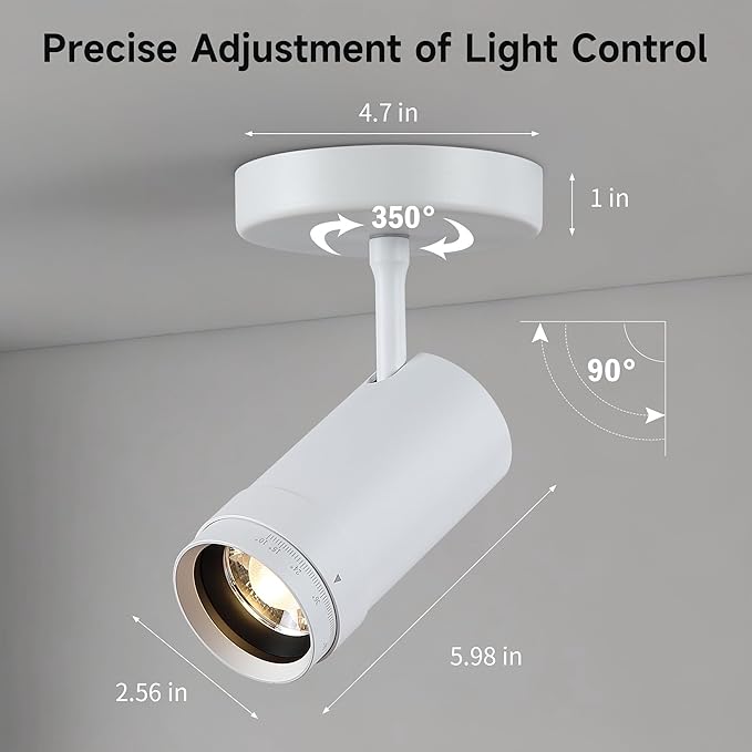 9W LED Zoomable Ceiling Spotlight, Dimmable Directional Wall Surface Fixture, Adjustable Beam Angle 10°–55°, Wired Home Indoor Accent Lighting for Corridor, Picture, Modern Interiors, White