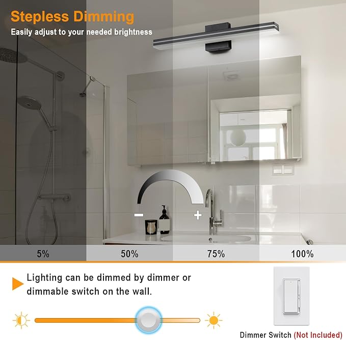 SineRise LED Modern Bathroom Vanity Light Bar (24-Inch, 3000K/4000K/6000K), Matte Black Dimmable Modern Acrylic Bathroom Wall Lighting Fixtures Over Mirror