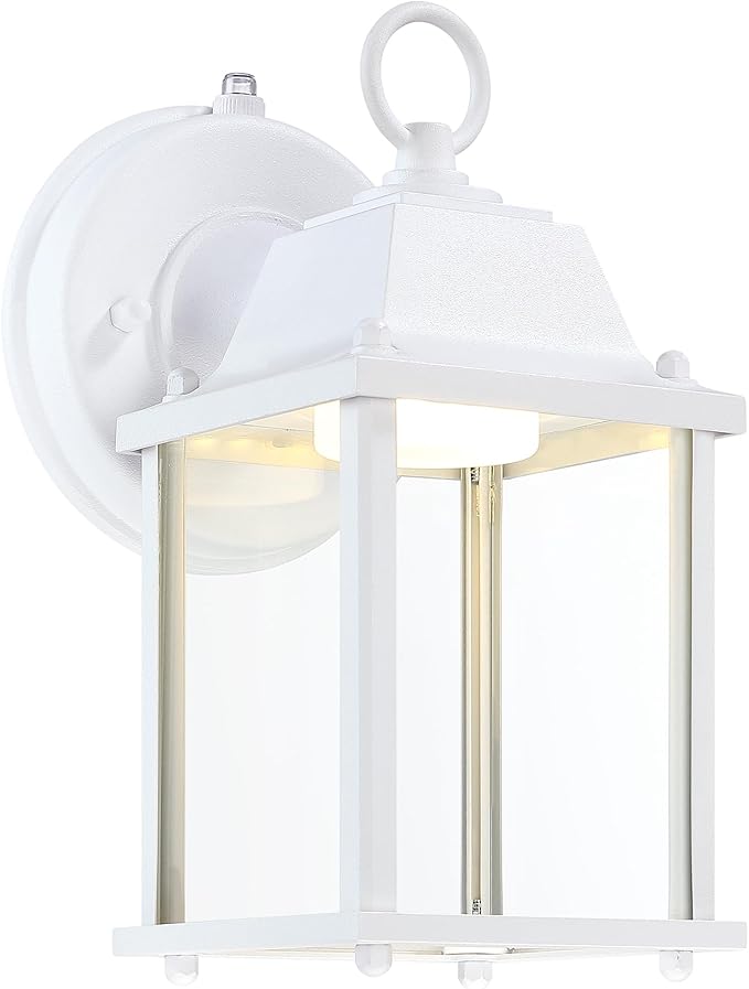 LIT-PaTH Small Outdoor LED Wall Lantern with Dusk to Dawn Photocell, 3000K Warm White, 9.5W, 800 Lumen, Aluminum Housing Plus Glass, Outdoor Rated, 1-Pack, White