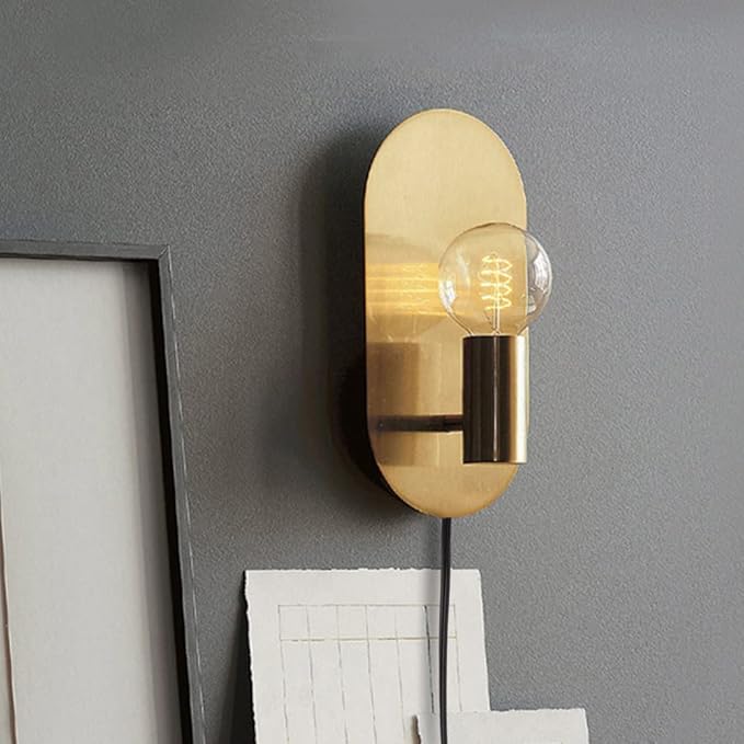 Gold Plug in Wall Sconce Set of 2, Modern Sconces Wall Lighting Cord with On Off Switch, Brushed Stainless Steel Wall Mount Light Fixture for Bedroom Living Room Bathroom