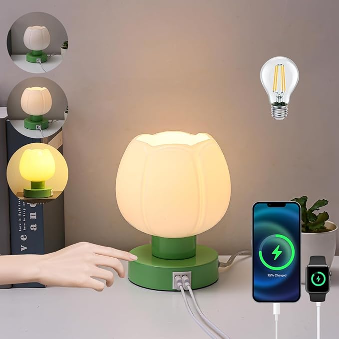 Bedside Table Lamps Touch Dimmable with USB Ports and outlets Charging Station, Desk Small Nightstand Light for Bedroom Living Room Office Reading Home Decor Gifts LED Edison Warm Bulb Included