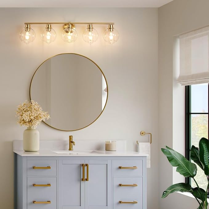 Bathroom Light Fixtures Over Mirror 5-Lights Bathroom Vanity Light with Clear Glass Shade 37.5 inch Modern Wall Sconce Gold Vanity Lighting for Bath